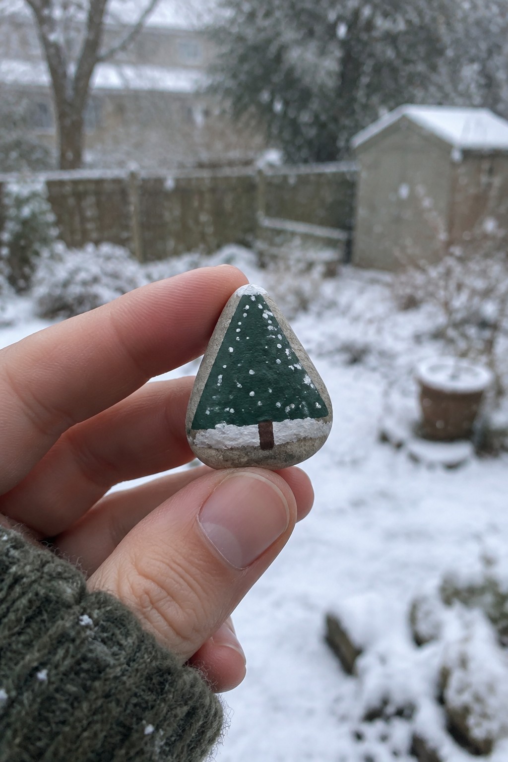 Hand in green knit holding rock painted as snowy Christmas tree in winter garden