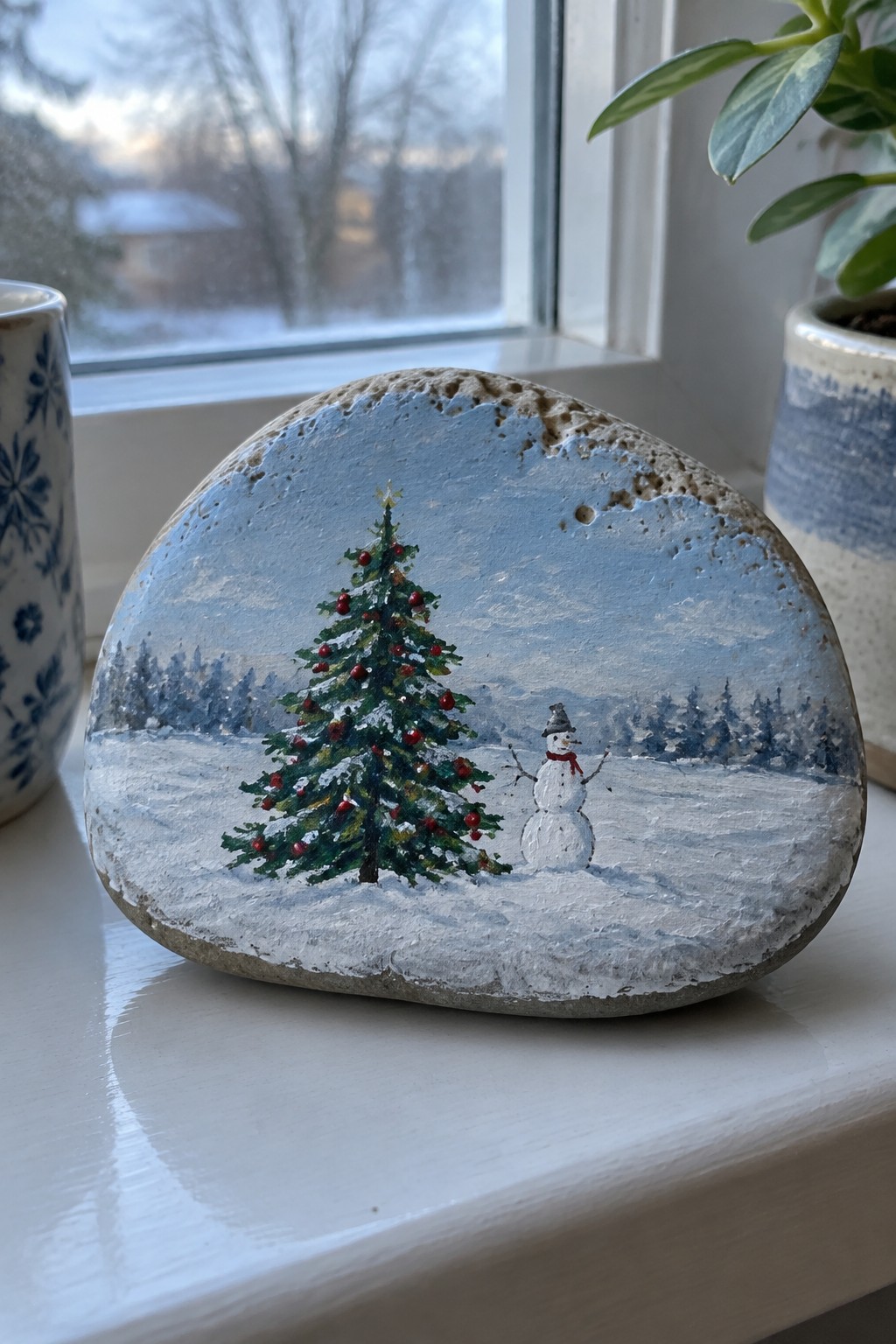 Painted rock with Christmas tree, snowman, and snowy winter landscape on windowsill