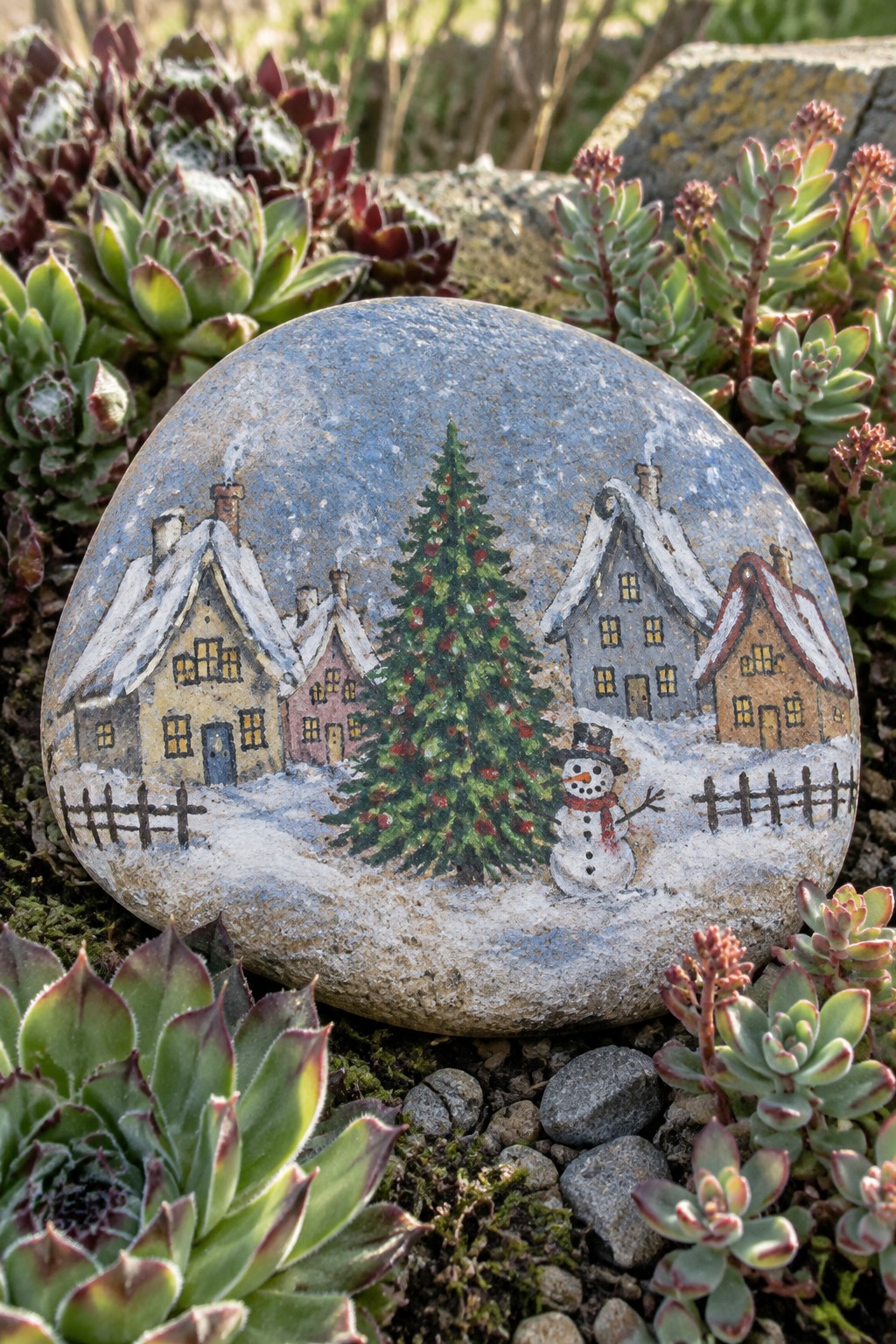 Painted stone with snowy cottages, Christmas tree, snowman amid succulents and rocks