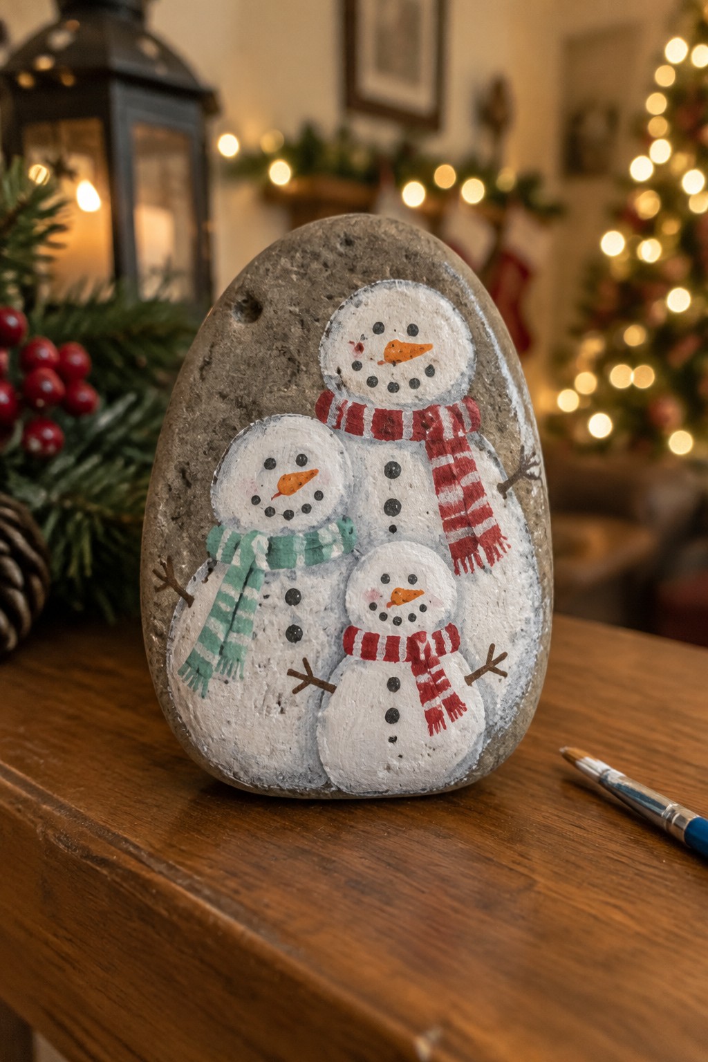 Painted rock with three snowmen in red and green scarves on wooden table