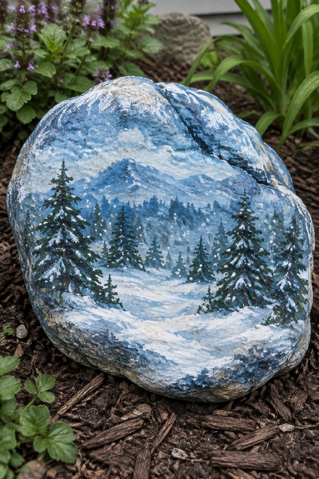 Painted rock with blue snowy mountain landscape, pine trees, and garden mulch.
