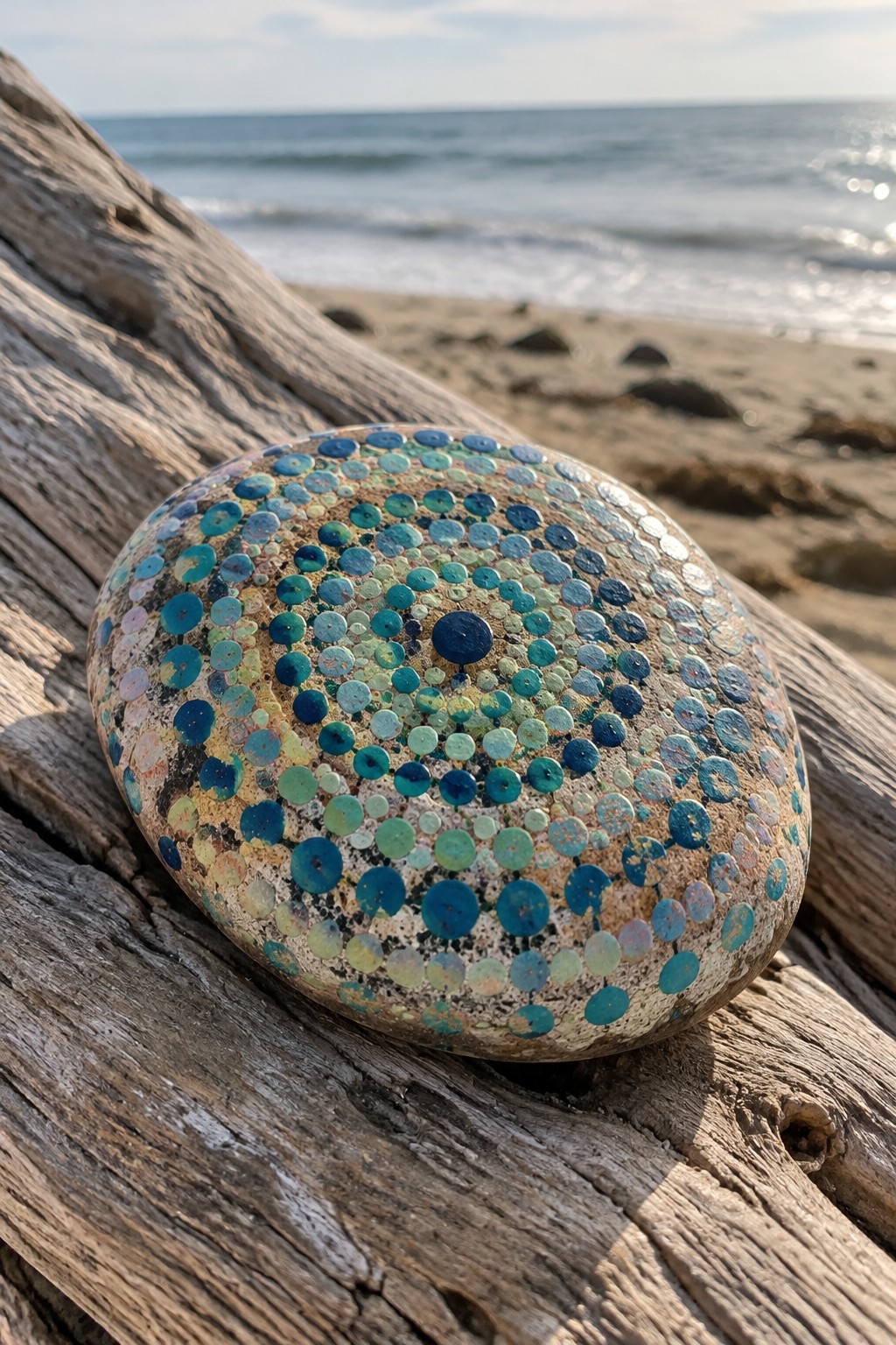 Painted rock with concentric blue and green dots on weathered driftwood by the sea