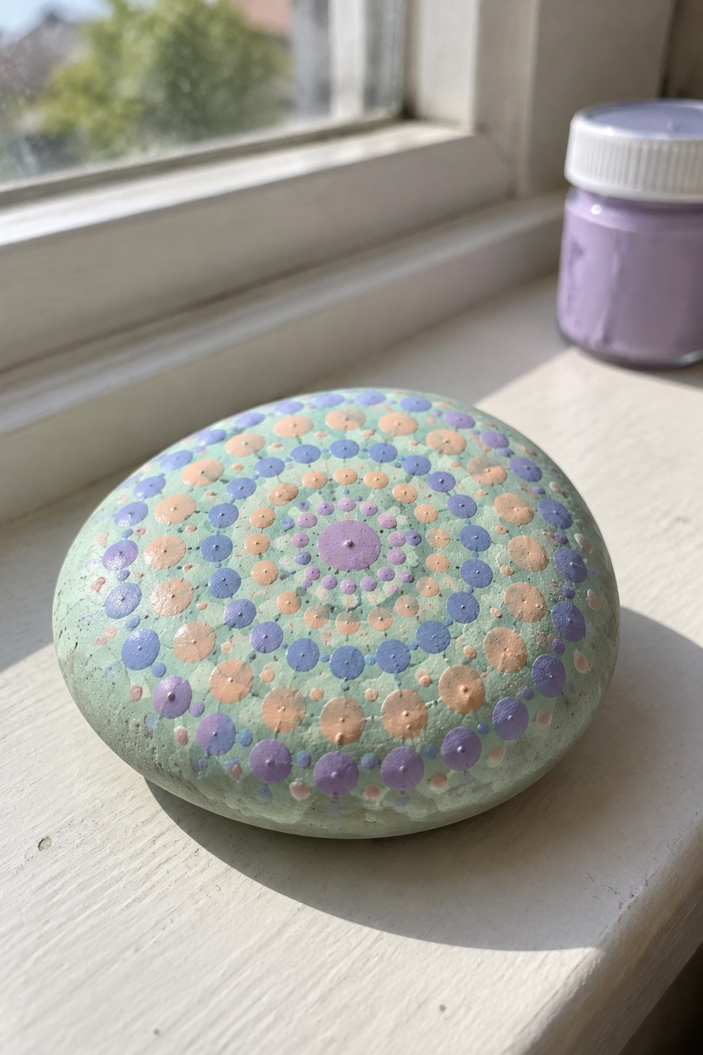 Painted green rock with concentric purple blue and peach dot mandala beside paint jar on windowsill