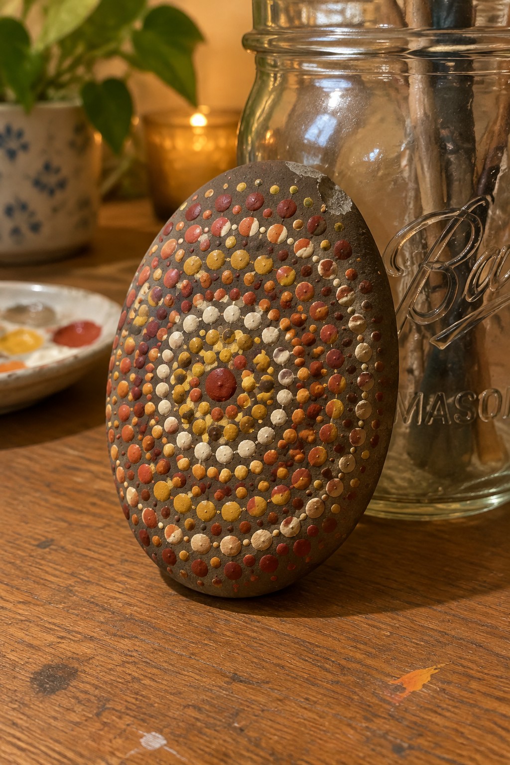 Oval stone painted with colorful dots beside glass mason jar on wood.