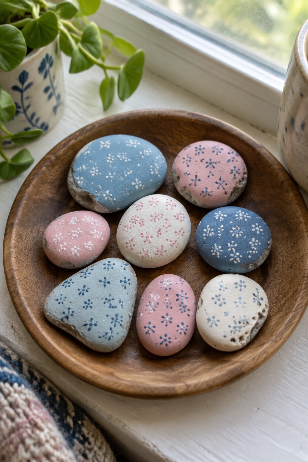 Pastel-painted stones with floral patterns in a wooden bowl on windowsill