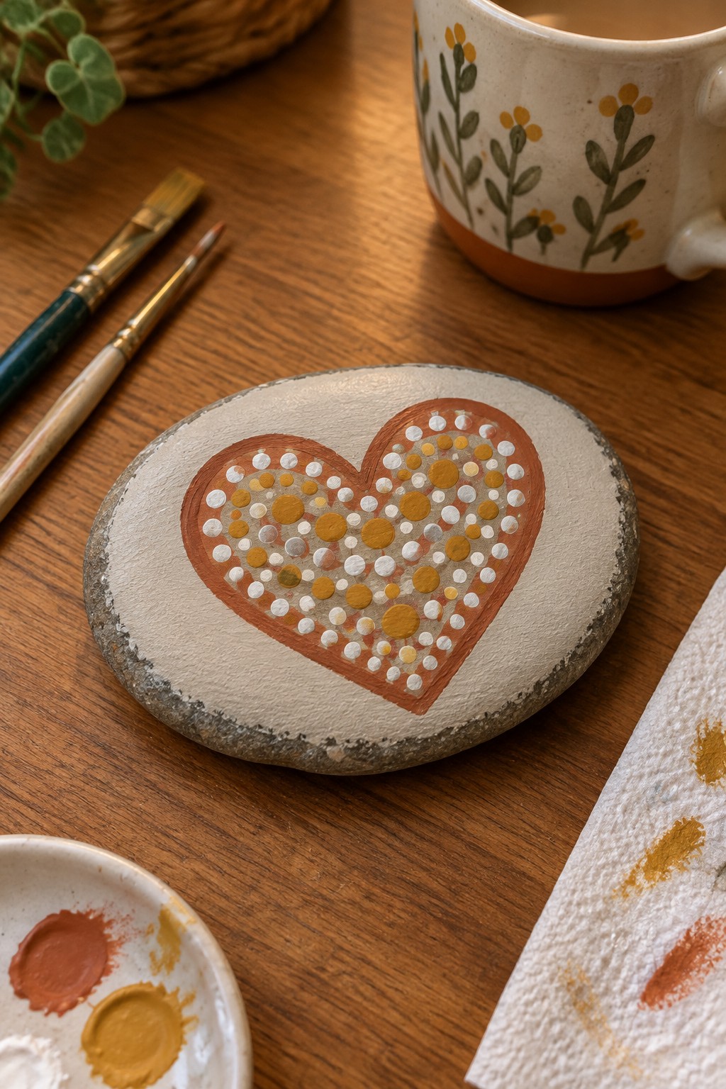 Painted stone with dotted heart in orange, yellow, and white amid art supplies