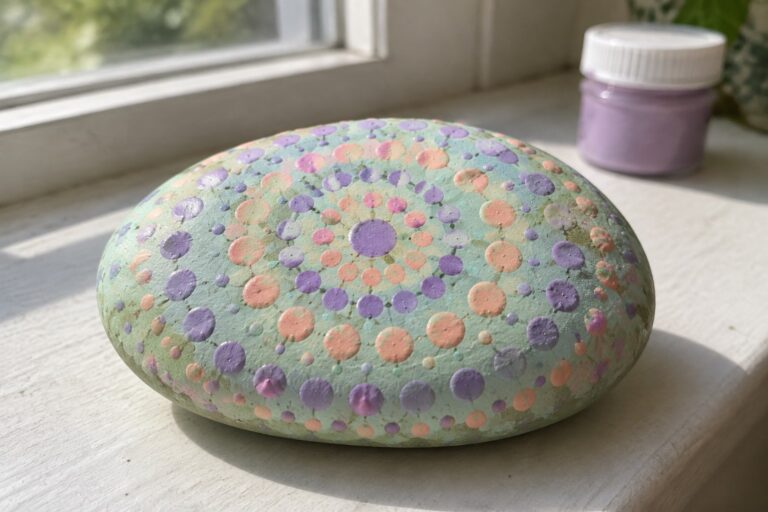 22 Easy Dot Painting Ideas for Rocks With Repeating Patterns Painted green rock with concentric purple blue and peach dot mandala beside paint jar on windowsill