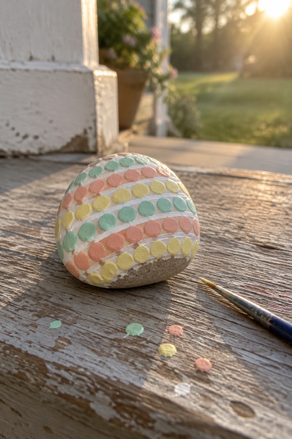 Painted rock with pastel dotted stripes on wooden porch beside paintbrush at sunset.