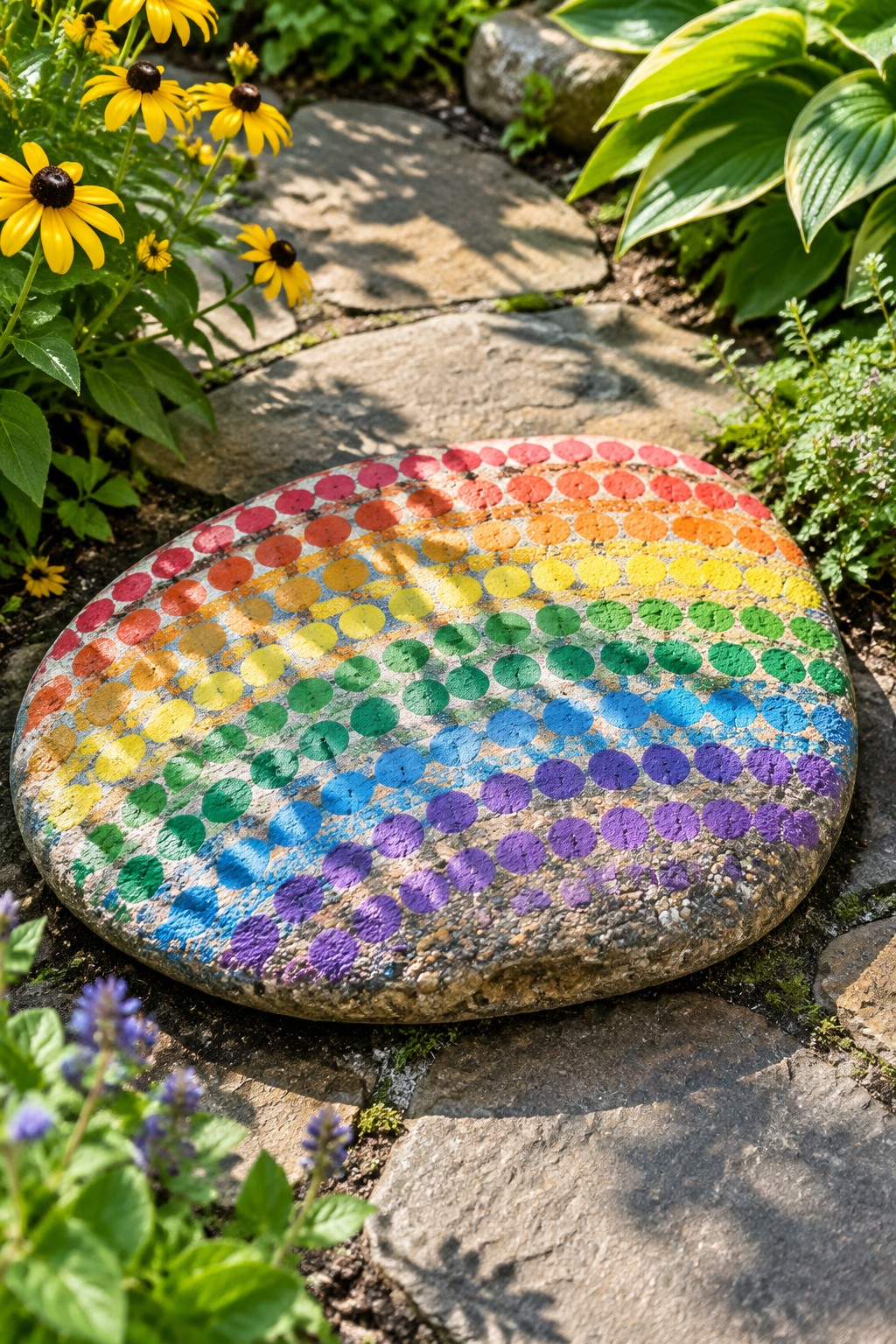 Rainbow dotted rock on garden stone path amid yellow flowers and plants