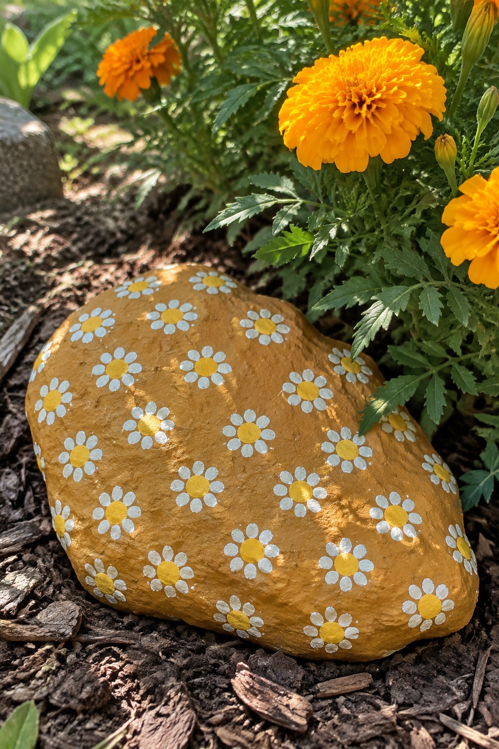 Mustard-painted rock with white and yellow daisies beside orange marigolds