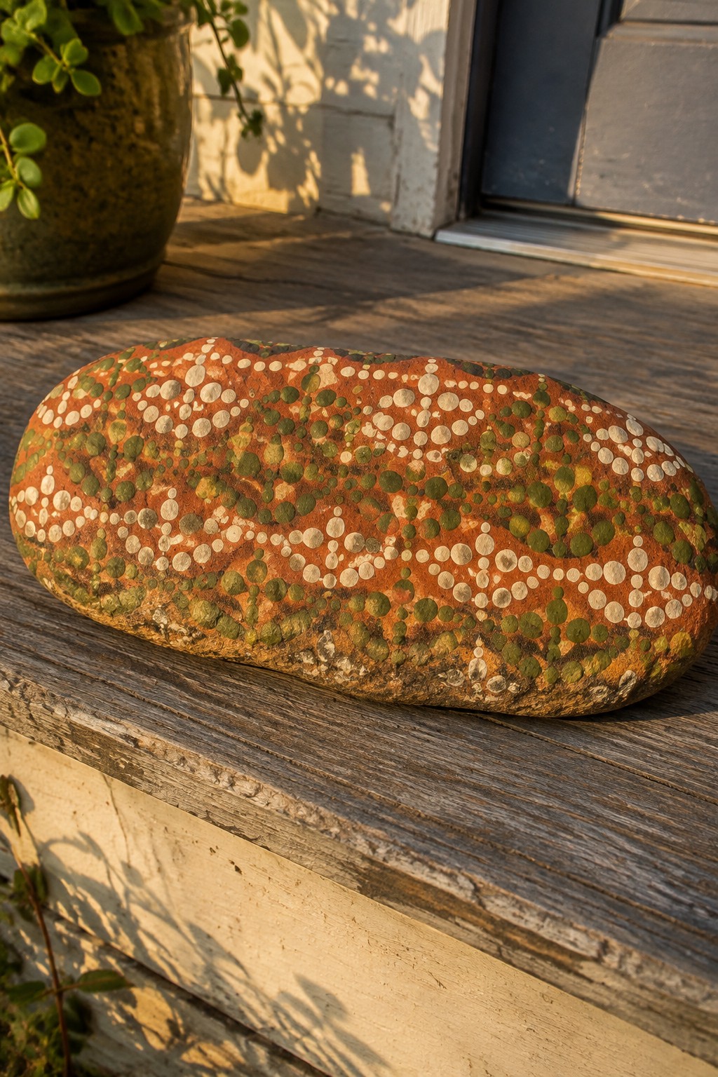 Painted reddish rock with green and white dots on wooden steps