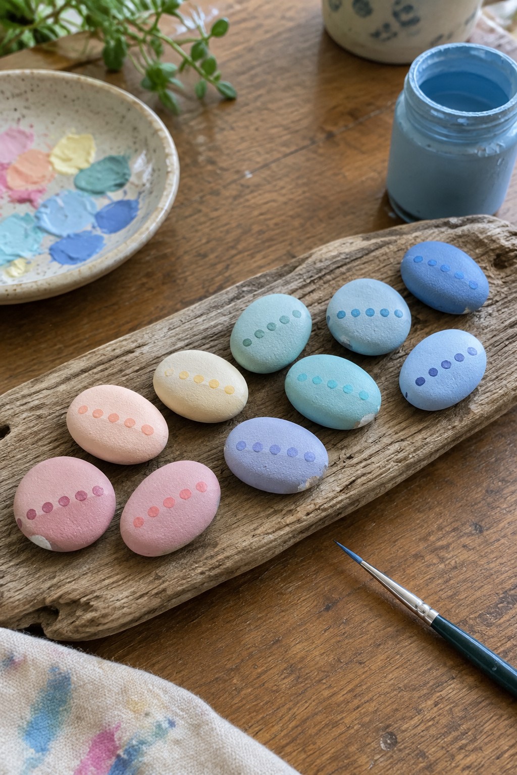 Pastel painted stones with dotted patterns on rustic wood beside paints and brush.