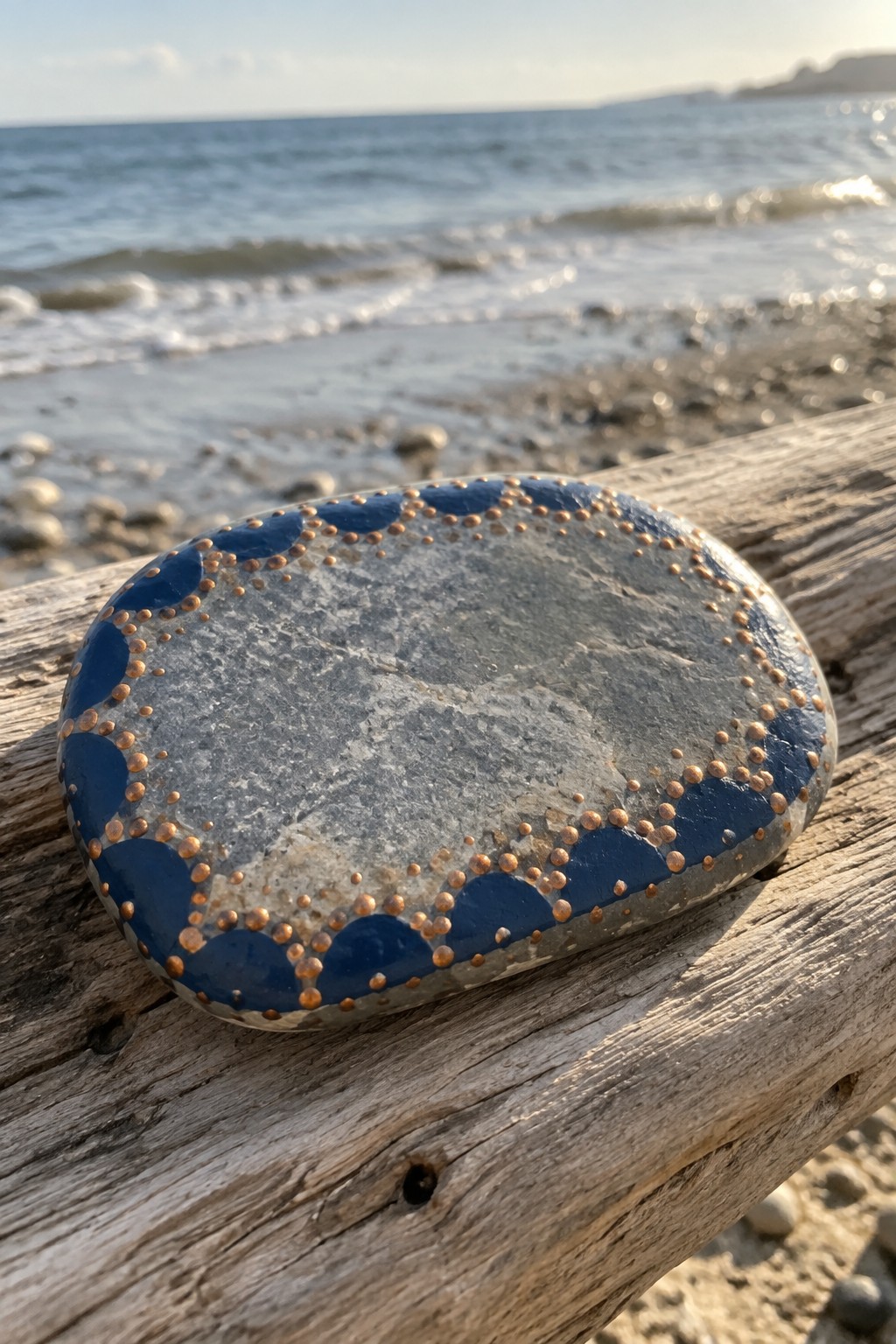 Painted gray stone with blue scallops and copper dots on driftwood by the sea
