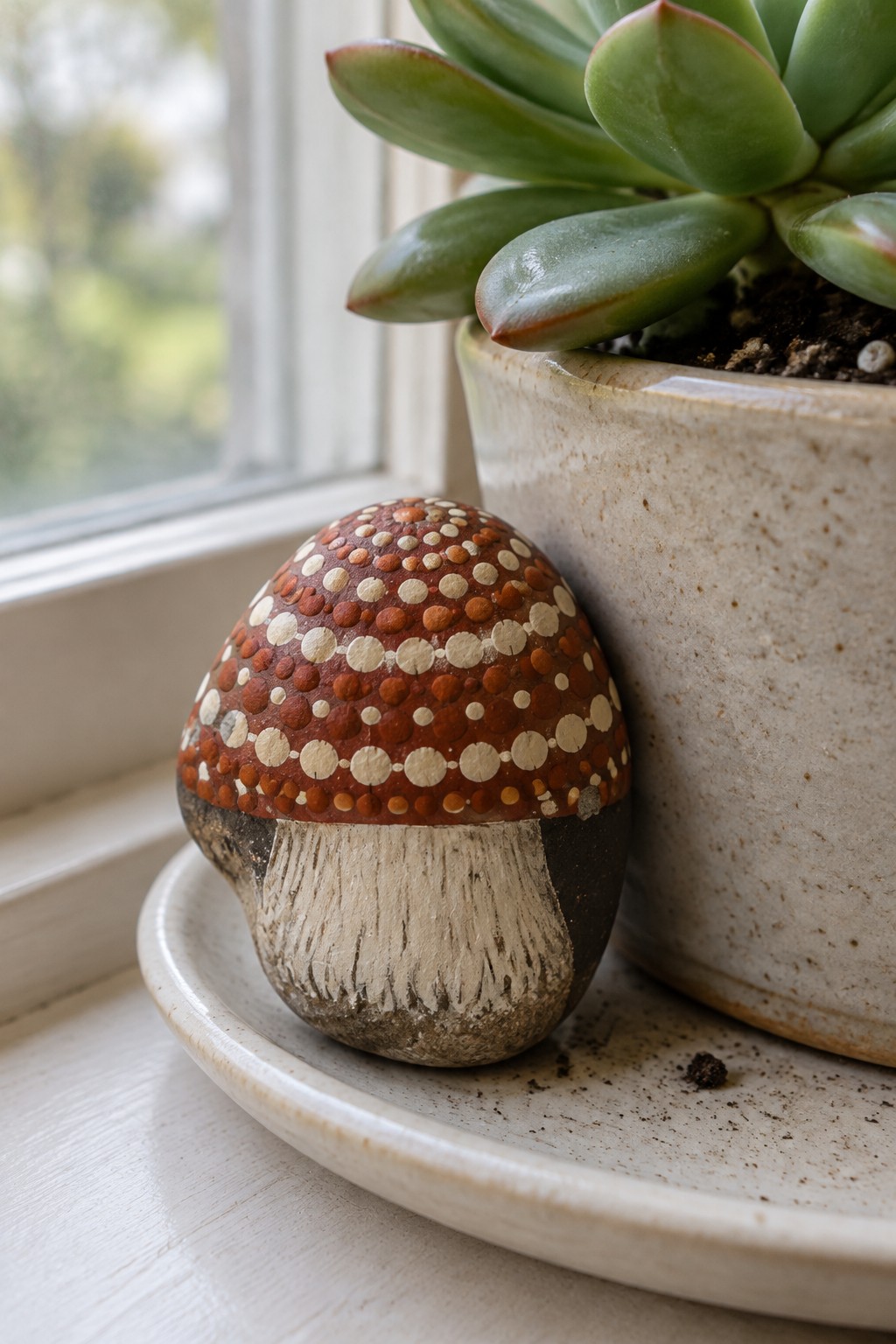 Painted red mushroom rock beside green succulent in beige pot on windowsill plate