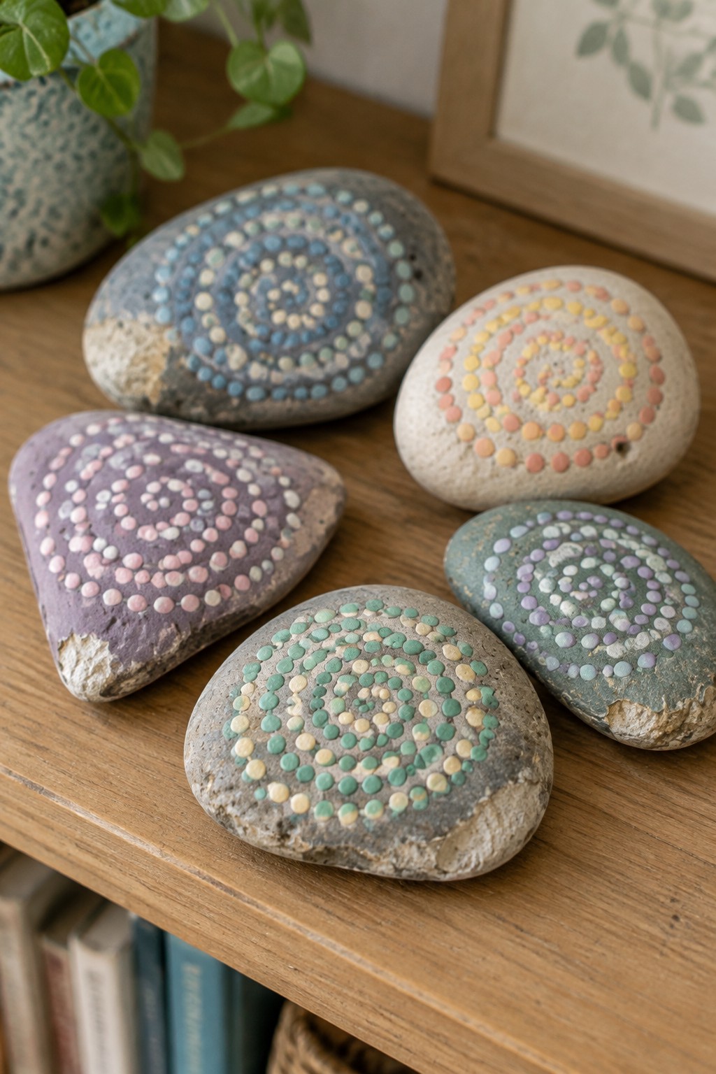 Five rocks with colorful spiral dot patterns on a wooden table