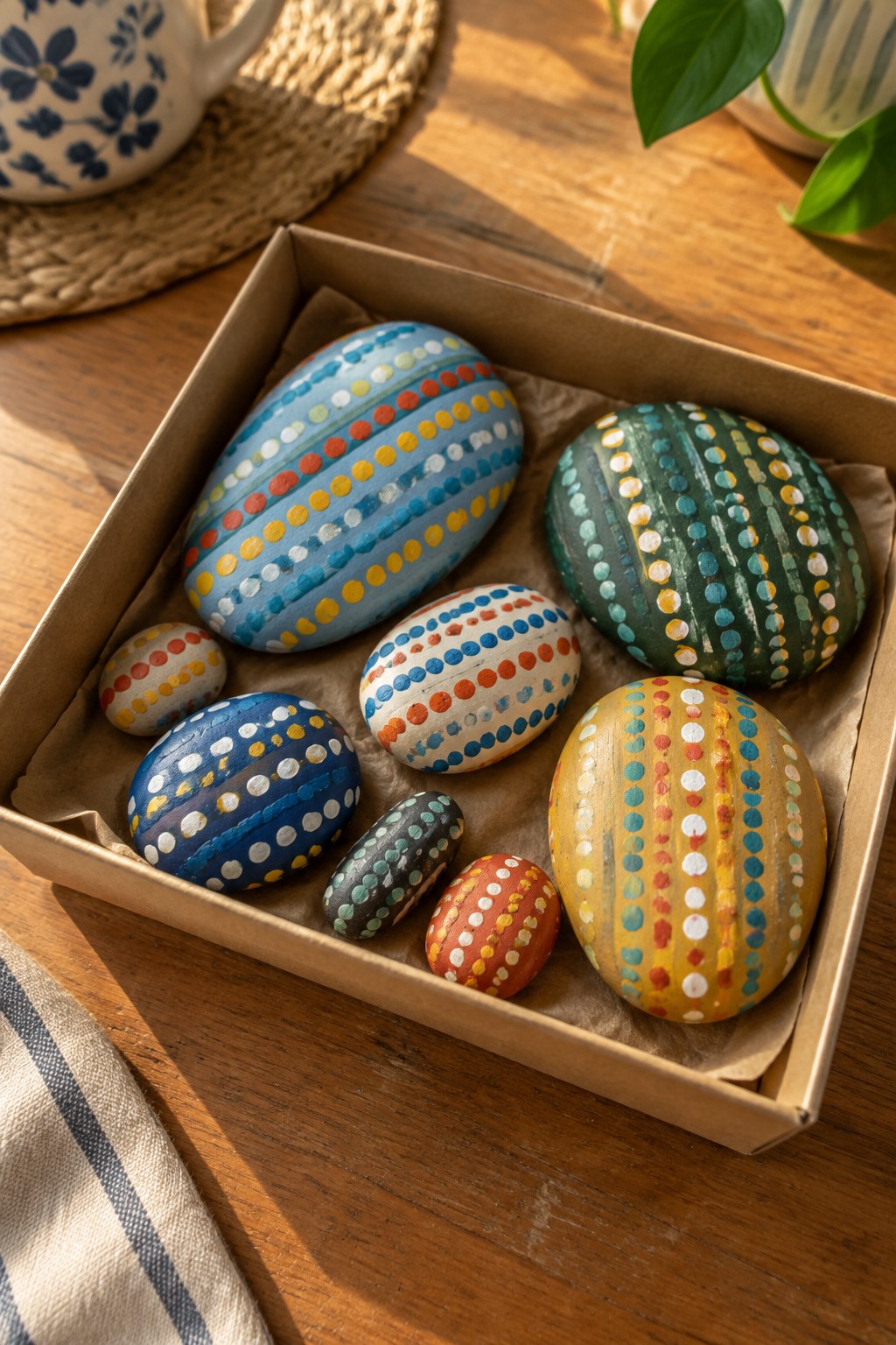 Open box of colorful dotted and striped painted rocks on wooden table