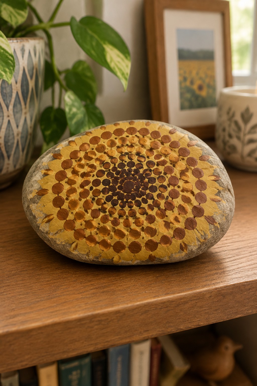Sunflower painted with brown dots on a round stone atop wooden shelf