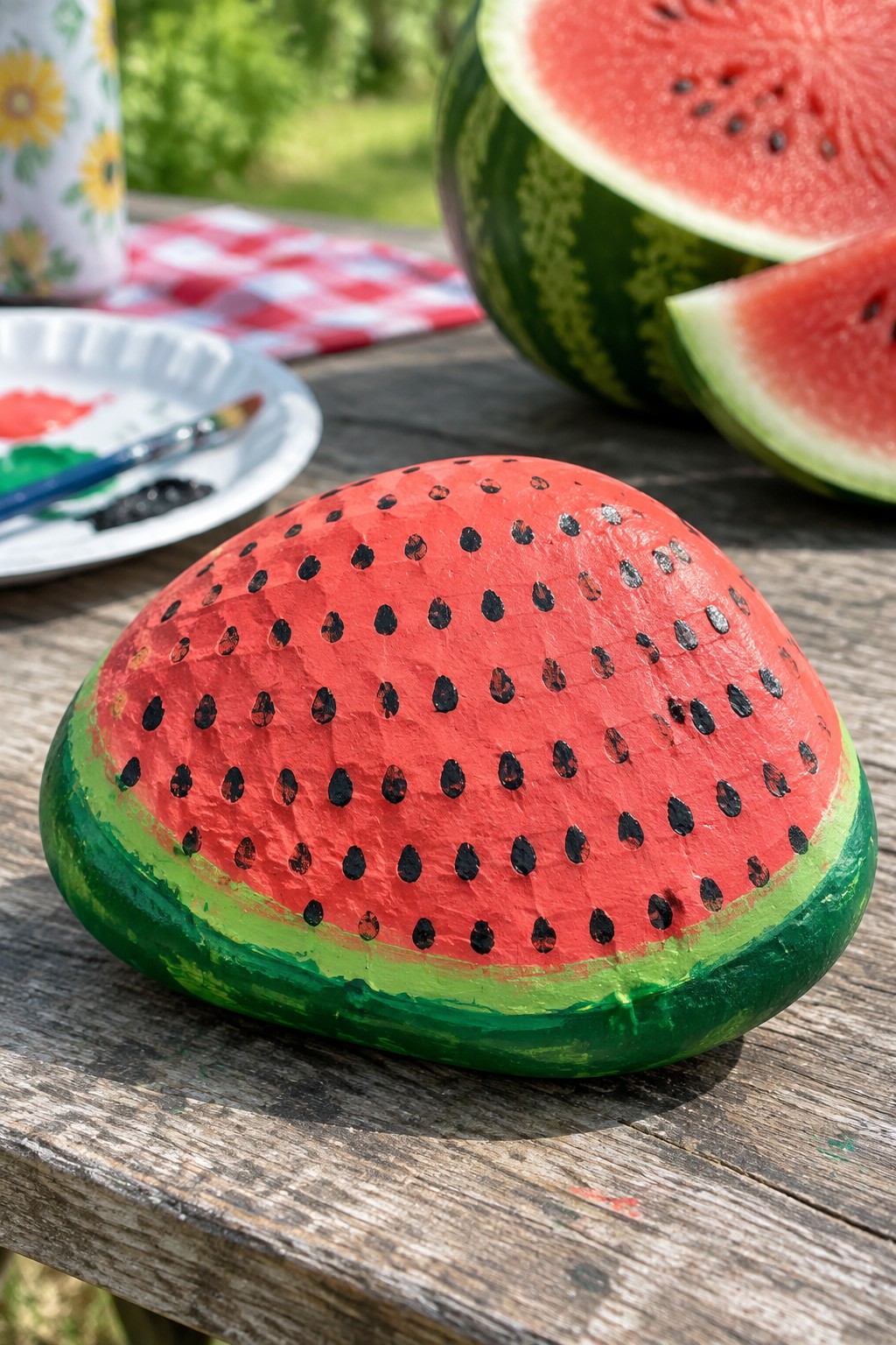 Painted watermelon rock on wooden table near sliced fruit and paint supplies