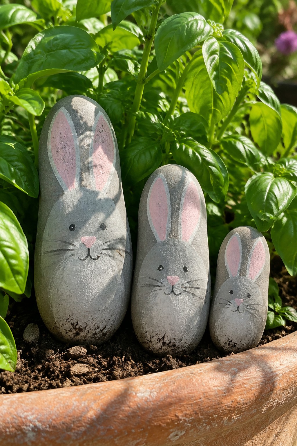 Three painted gray bunny rocks with pink ears in a terracotta plant pot