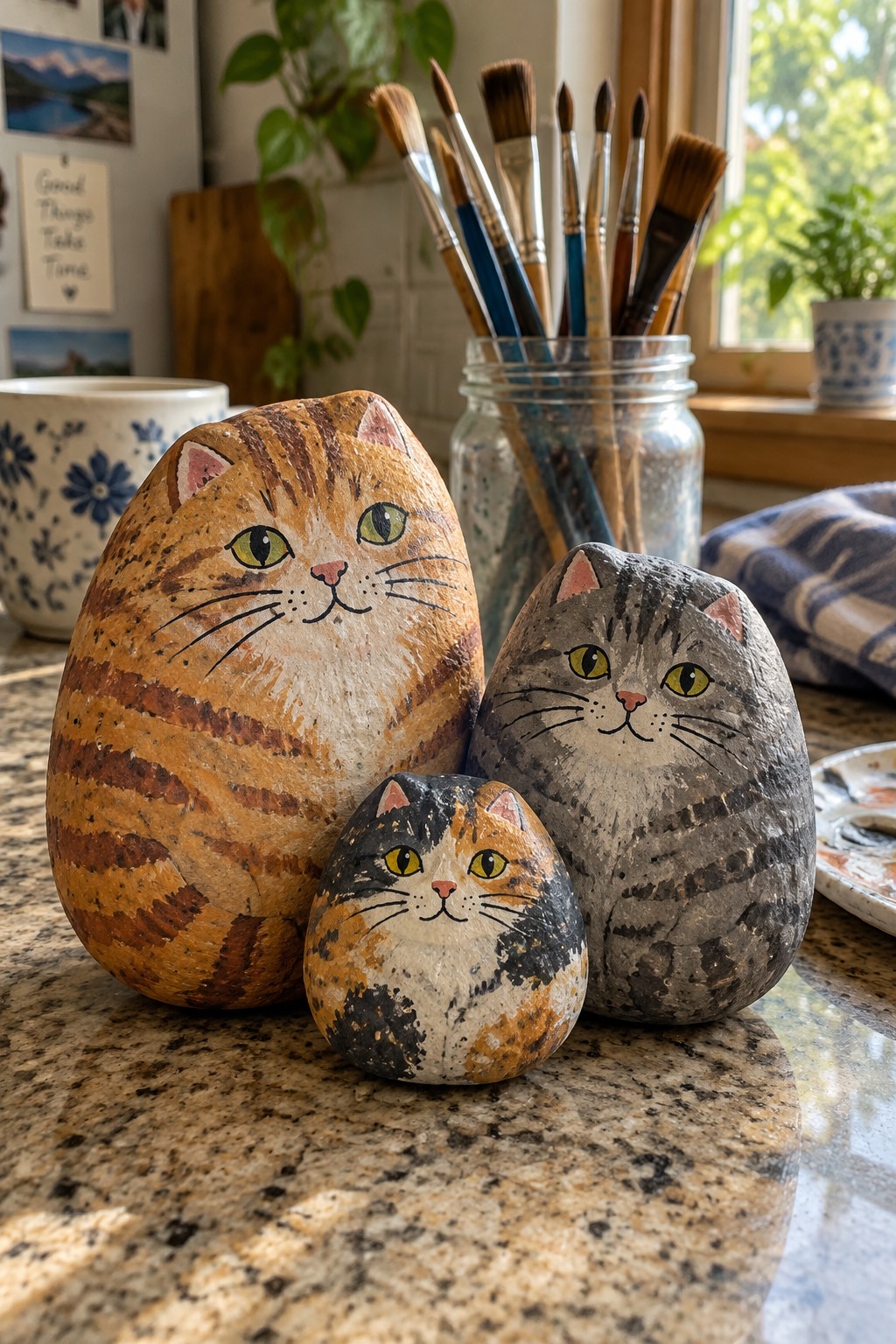 Three painted cat rocks—orange tabby, gray tabby, and calico—on granite counter.
