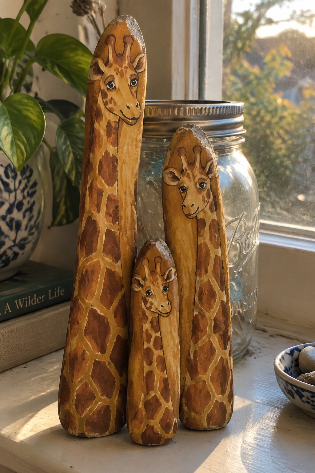 Three giraffe-painted rocks of varying sizes on a sunny windowsill with a mason jar.
