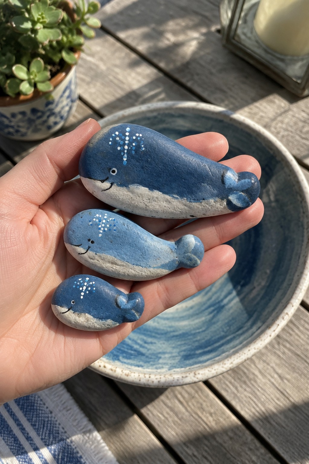 Hand holding three smiling blue painted whale rocks above a ceramic bowl