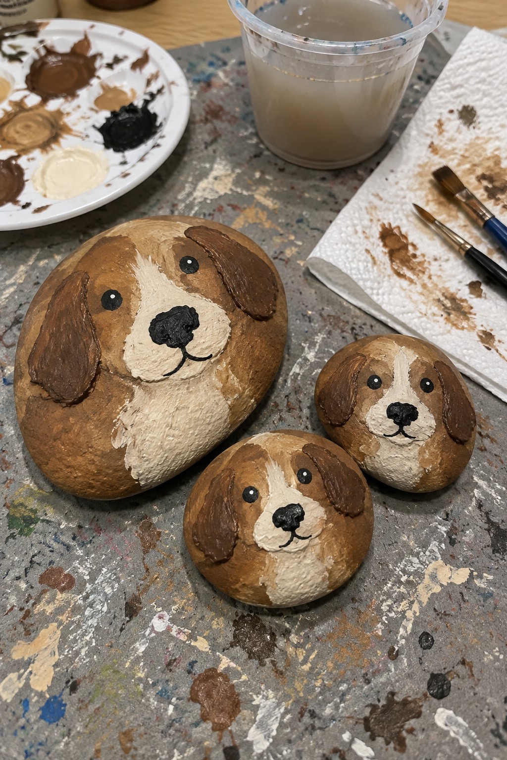 Three painted rocks with dog faces amid brushes, palette, and splattered workspace.