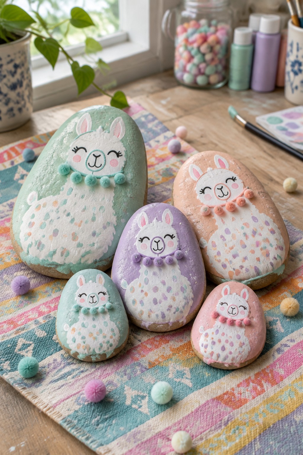 Five pastel painted llama rocks with pom-pom necklaces on a striped mat