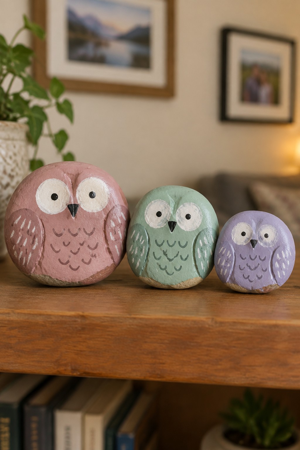 Three colorful painted owl rocks in pink, green, and purple on wooden table.
