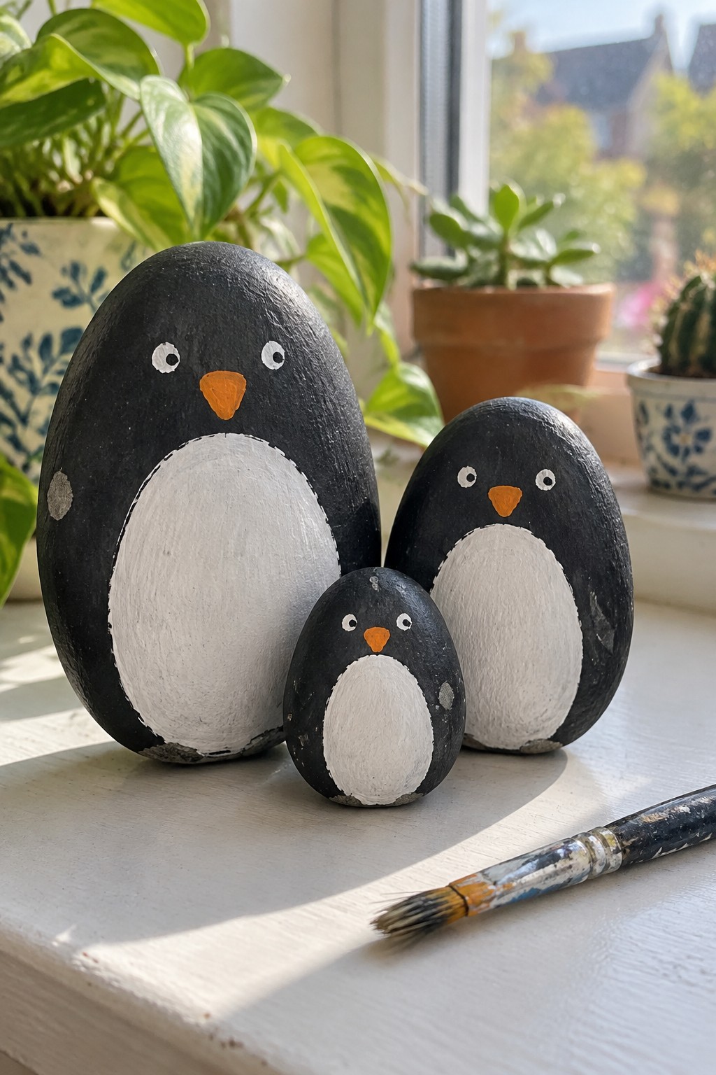 Three painted rock penguins in black and white with orange beaks beside a paintbrush