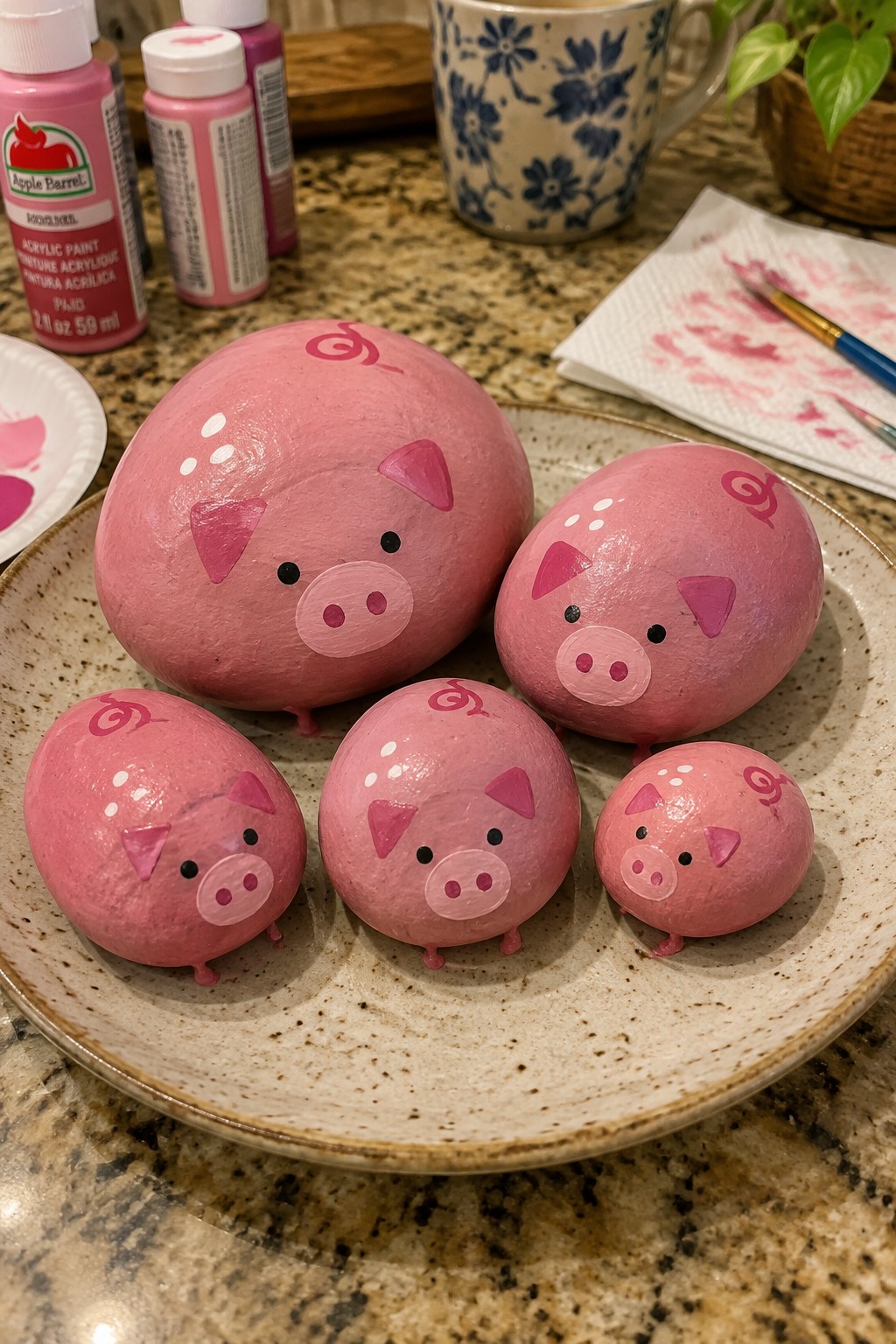 Five pink painted pig rocks on a speckled ceramic plate with art supplies nearby.