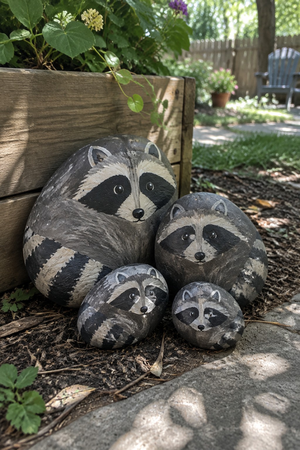 Four rocks painted as raccoons of different sizes on garden soil near wood.