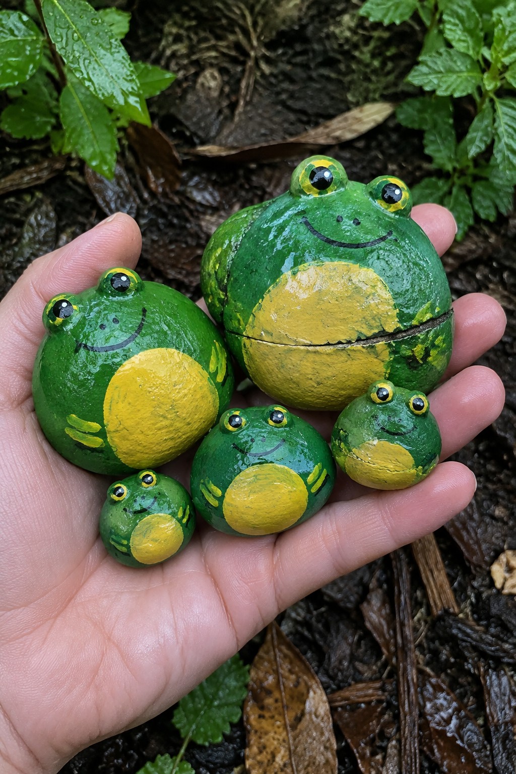 Hand holding five green painted frog figurines with yellow bellies outdoors