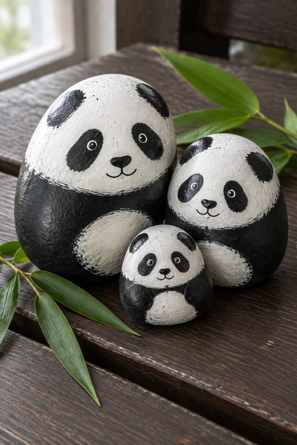 Three rocks painted as pandas in different sizes placed together on wood.