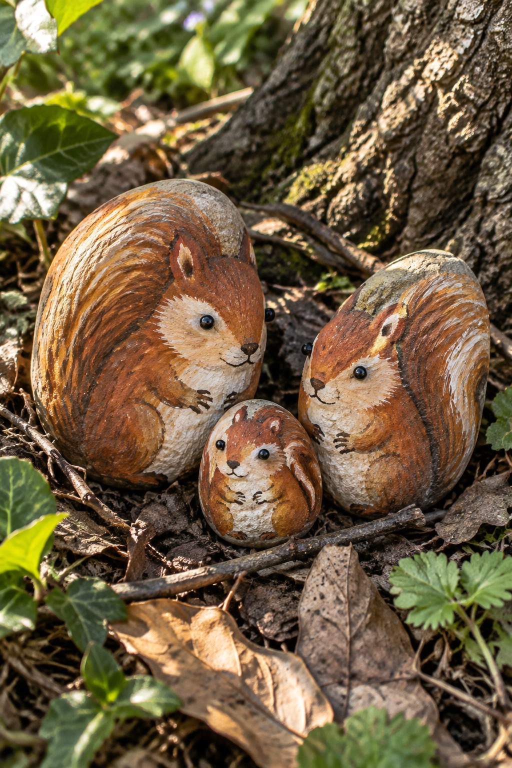 Three painted rocks resembling squirrels on leafy forest floor by tree