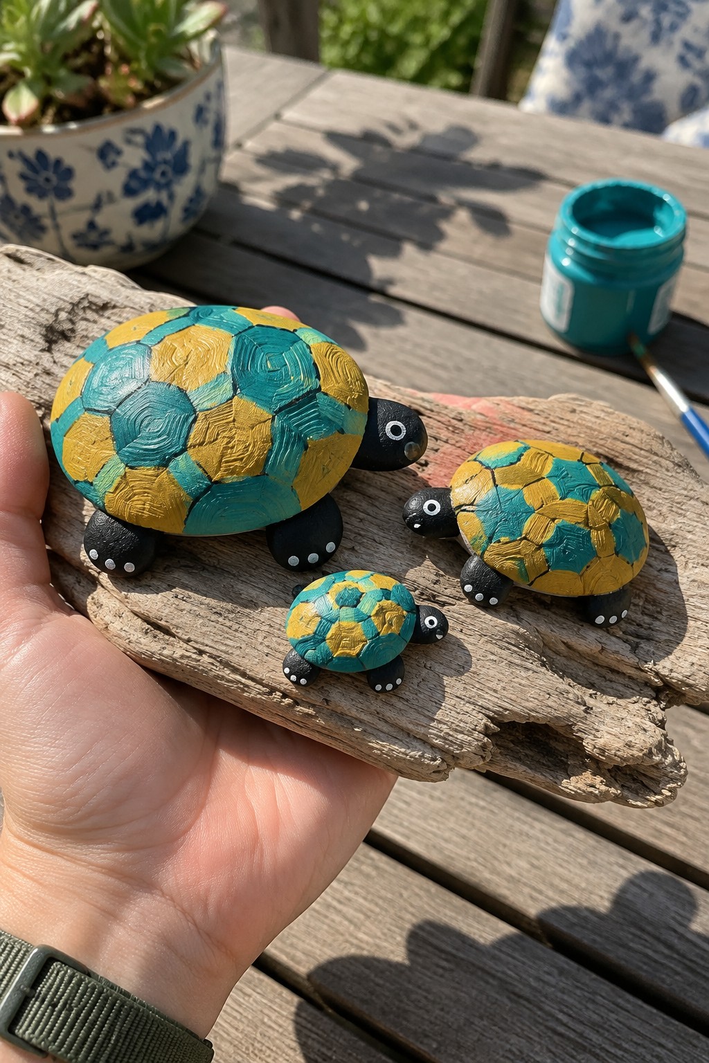 Hand holding three yellow-teal painted turtle figurines on driftwood outdoors