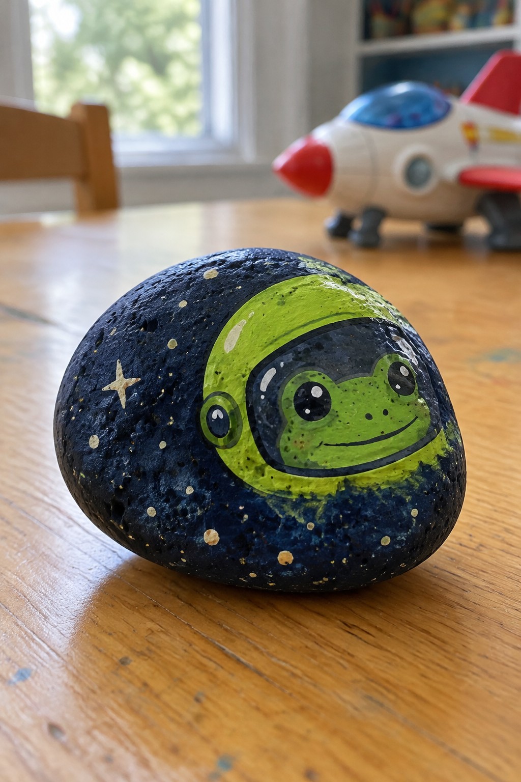 Painted rock with green frog astronaut in lime helmet on starry blue background beside toy rocket
