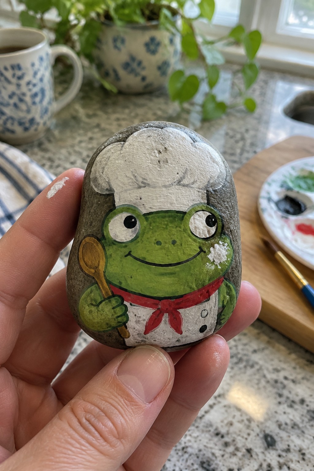 A hand holds a rounded gray rock painted as a green frog wearing a white chef's hat, red bandana, white apron, and holding a spoon.