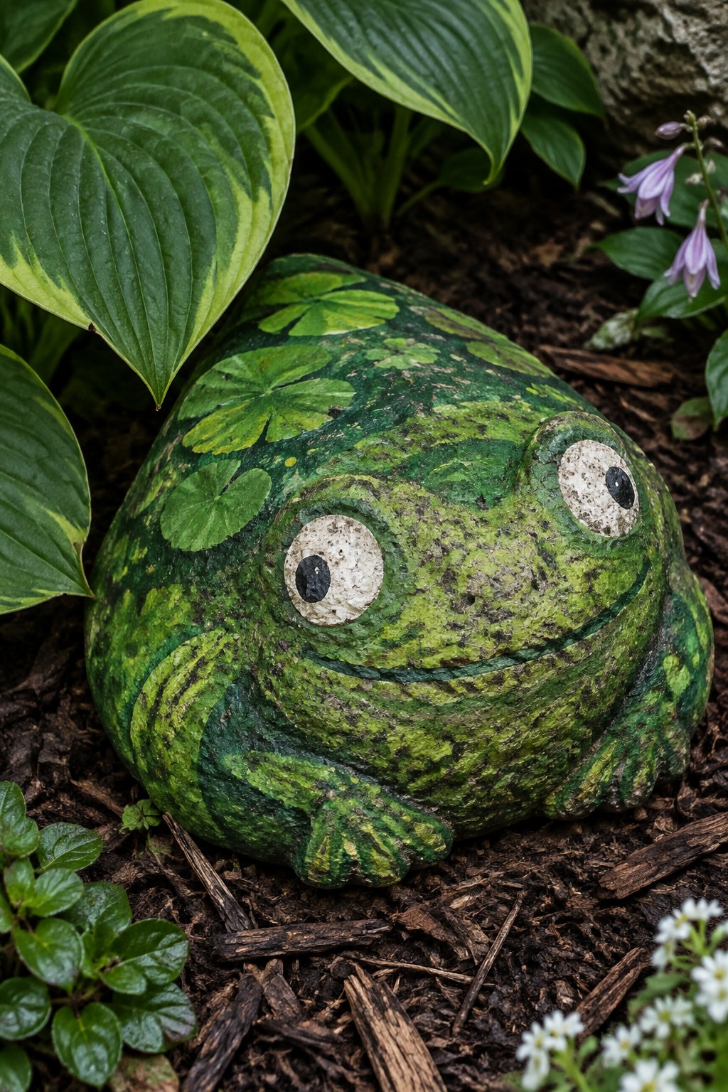 Green frog rock with clover patterns amid hosta leaves and garden mulch