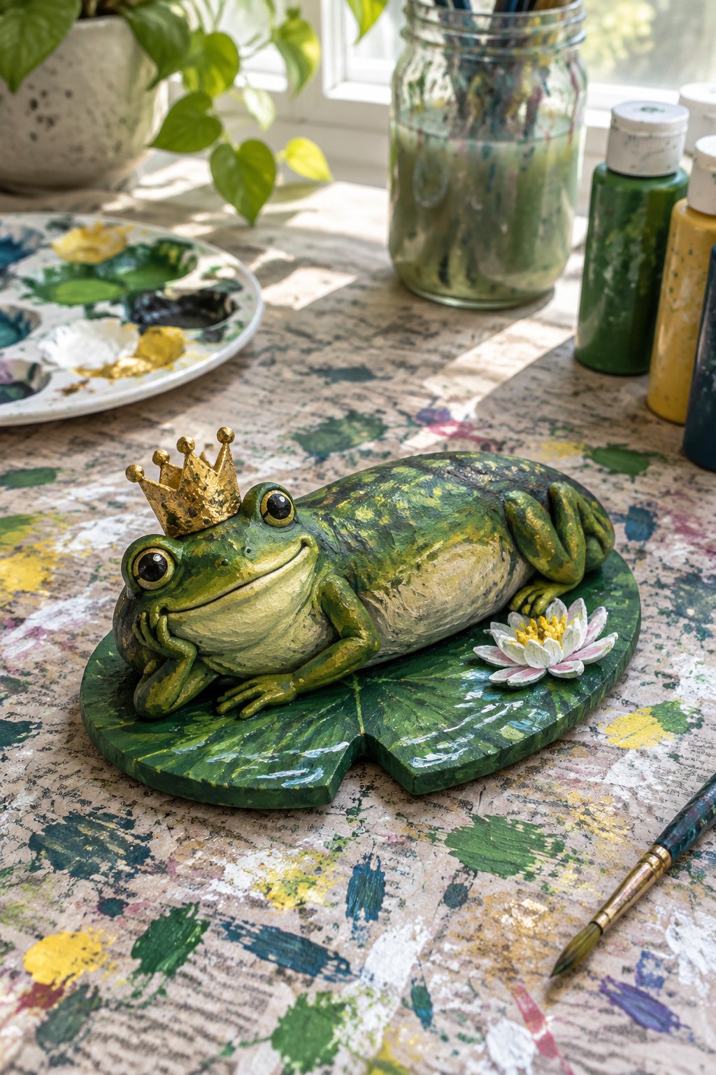 Crown-wearing green frog sculpture on lily pad amid paint supplies and brushes.