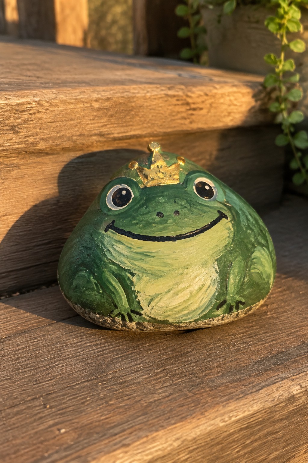 Green painted frog rock with golden crown on sunlit wooden surface
