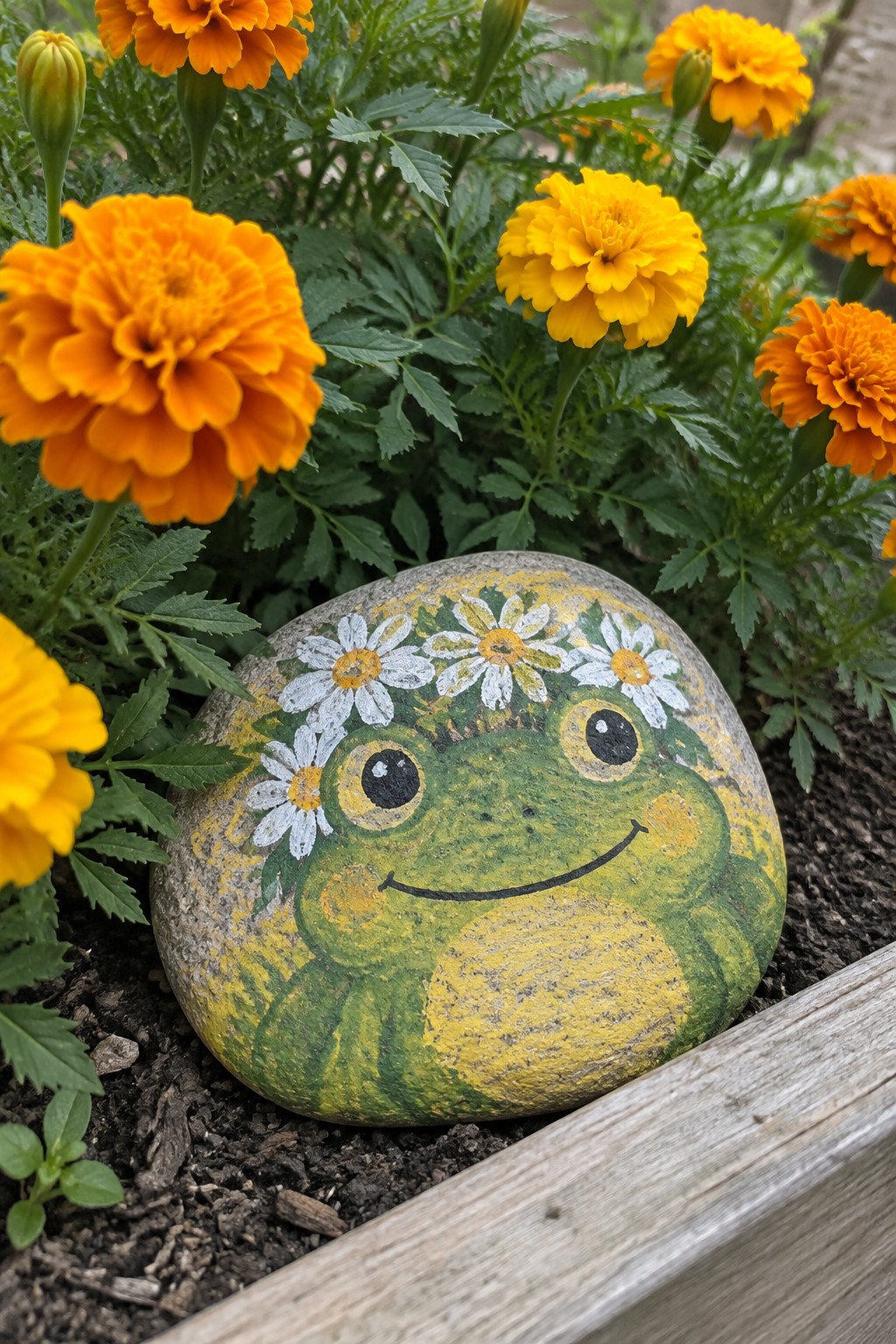 Smiling green frog rock with daisy crown among orange marigold flowers