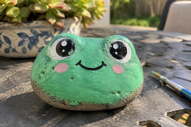 Green frog rock with big eyes and pink cheeks beside paintbrush on wooden table