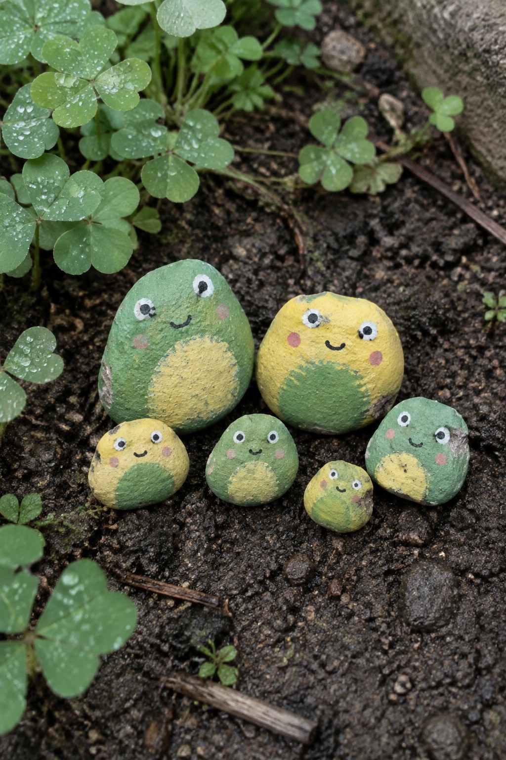 Six painted frog rocks in green and yellow on soil with clovers