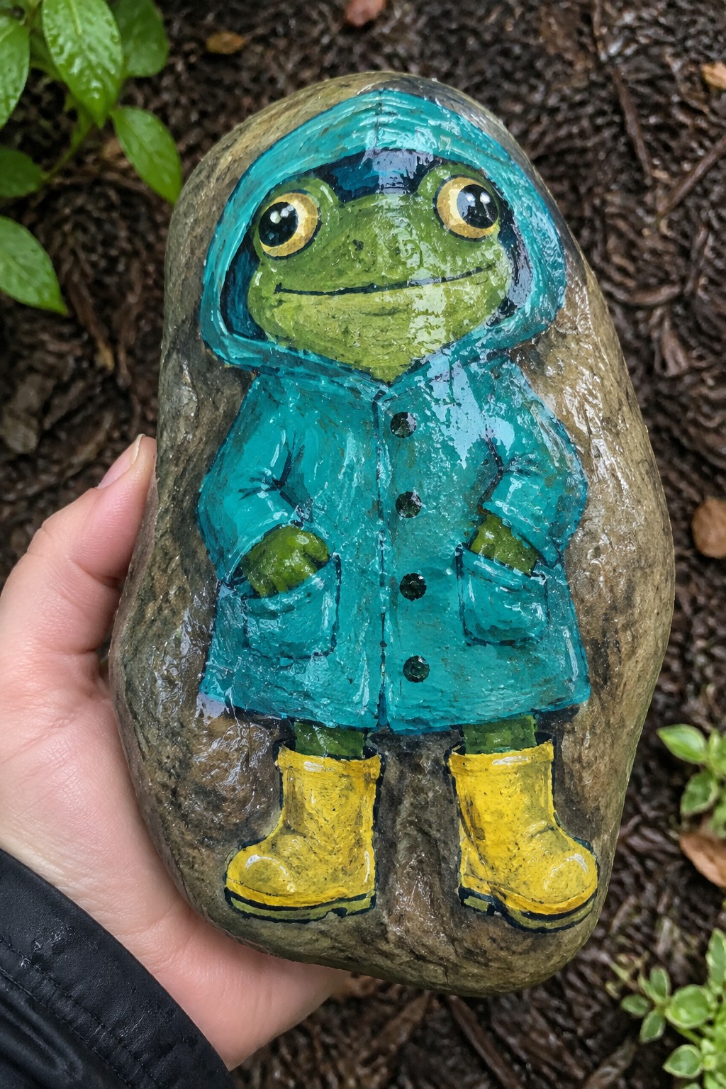 Hand holding rock painted as green frog in teal raincoat and yellow boots.
