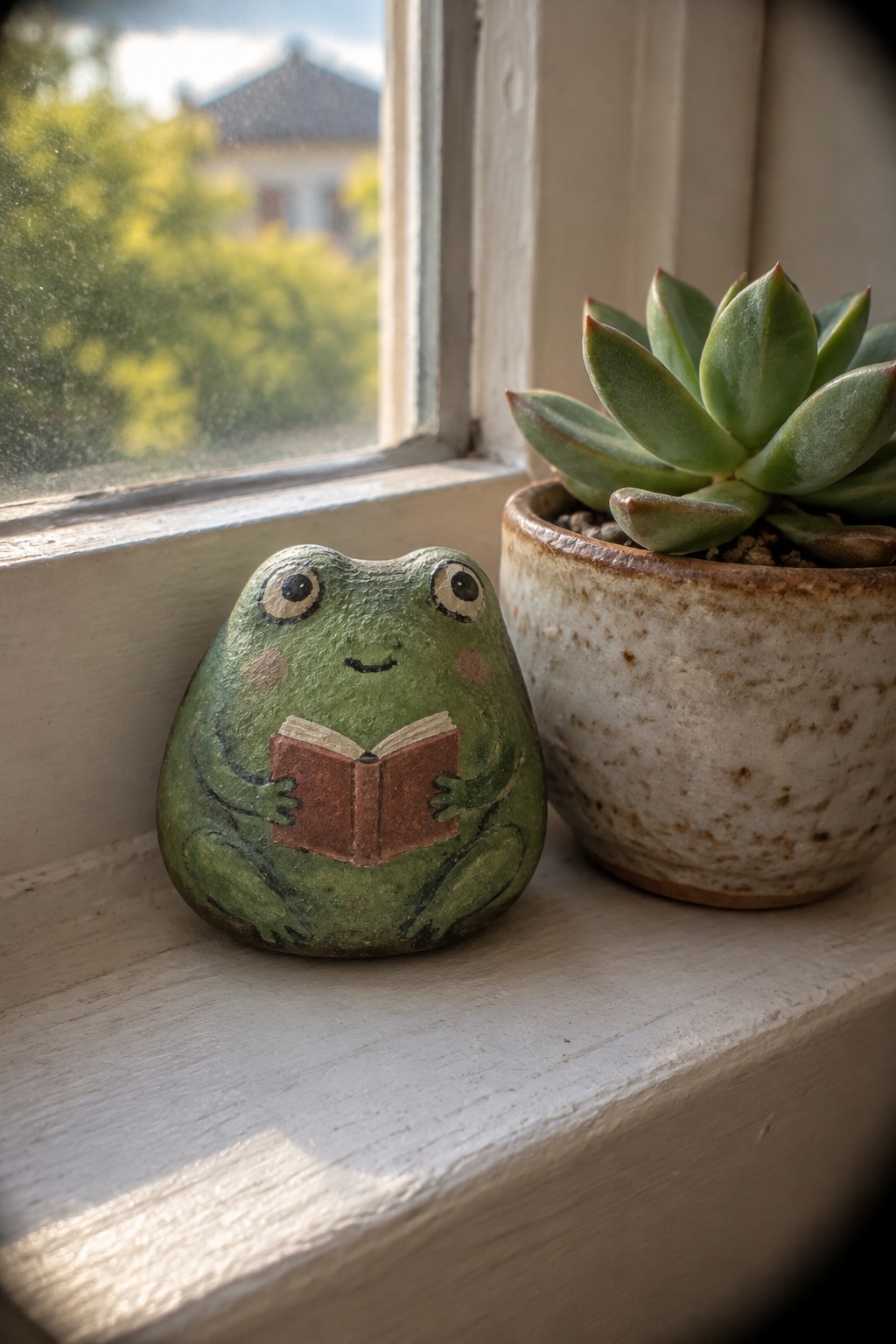 Green frog figurine reading book beside potted succulent on sunny windowsill