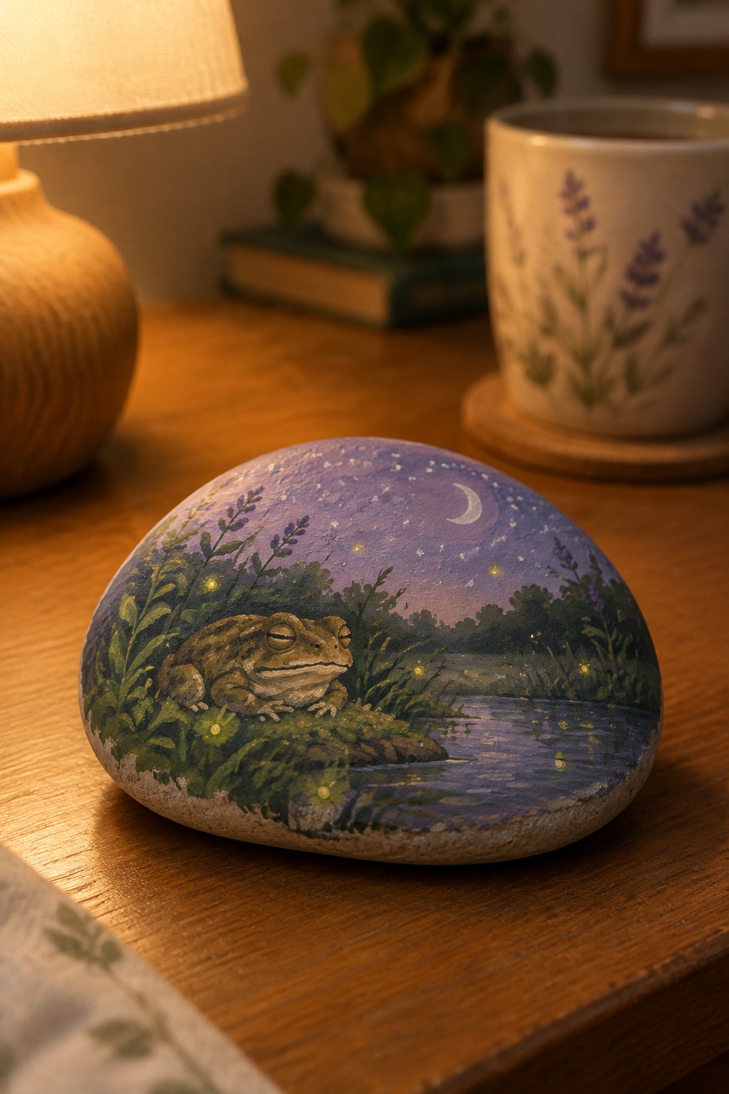 Painted rock with frog under moonlit starry sky beside lavender mug on wood