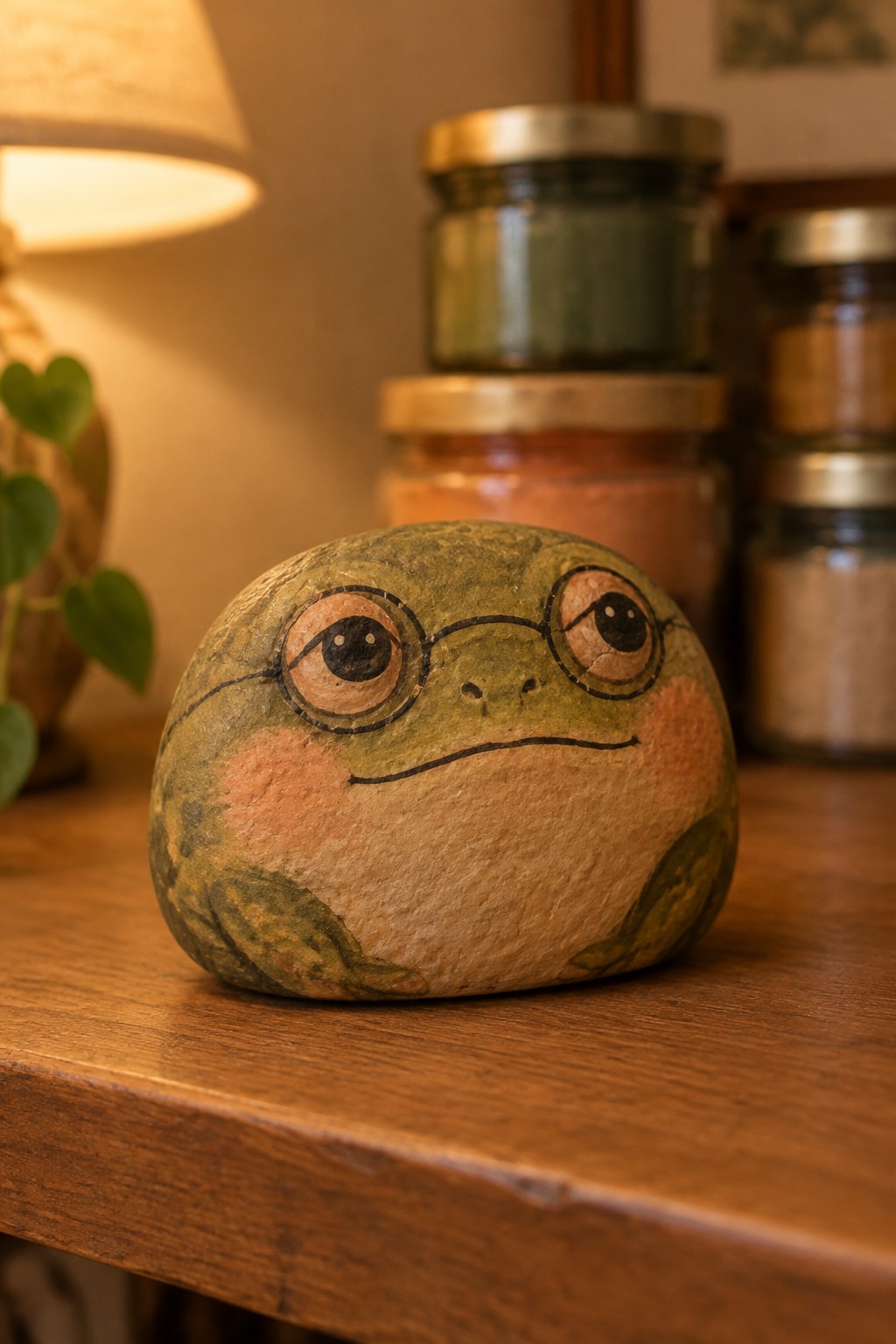 Painted green frog rock with glasses and pink cheeks on wooden table