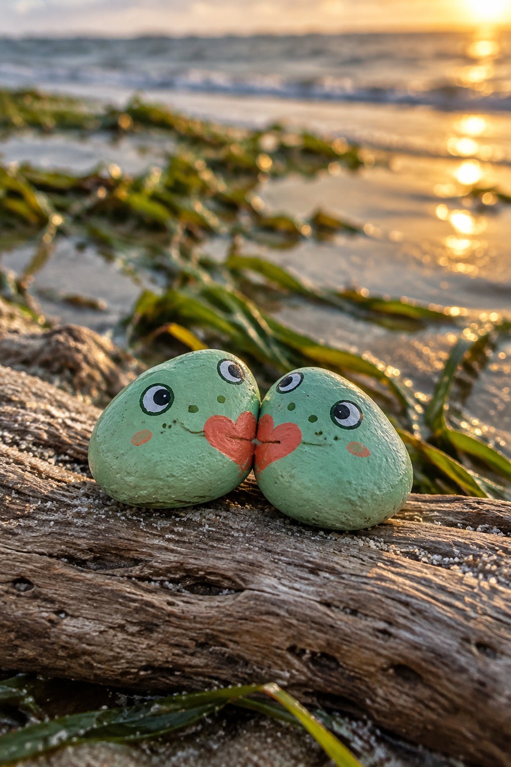 Two green painted rocks with heart mouths kissing on driftwood at sunset beach
