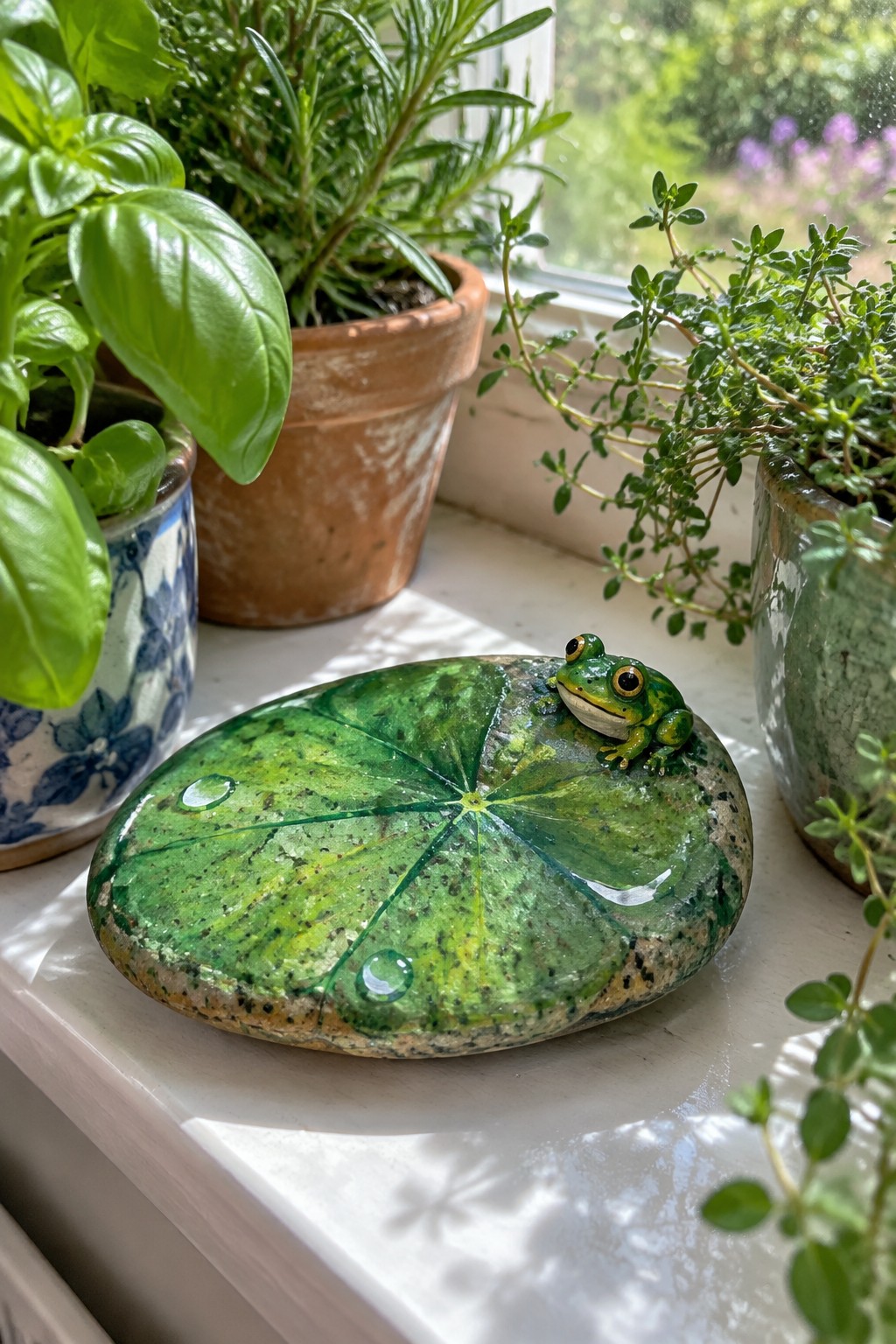 Green frog on lily pad stone amid potted herbs on sunny windowsill